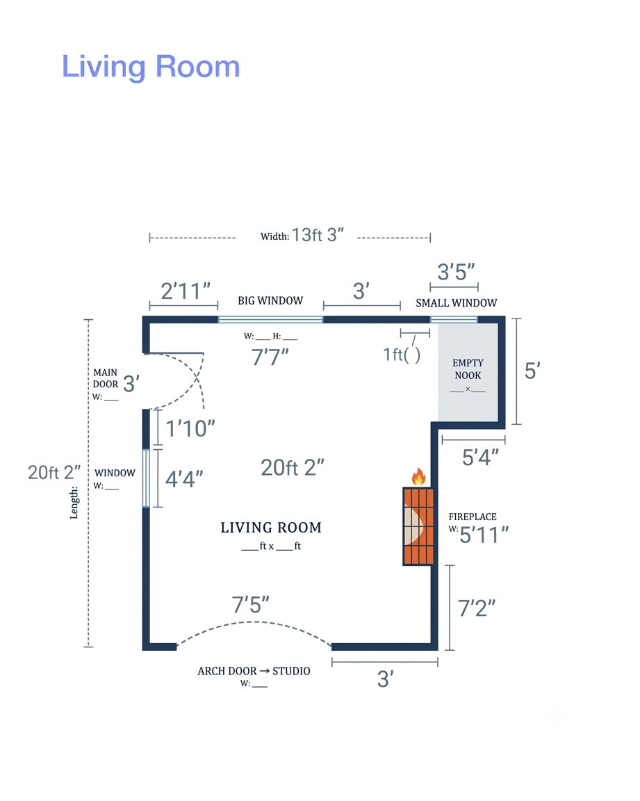 Living room dimension sketch showing office nook placement