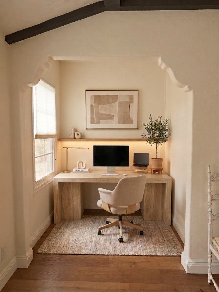 Cream Spanish-style arched office nook with a light wood desk and white task chair